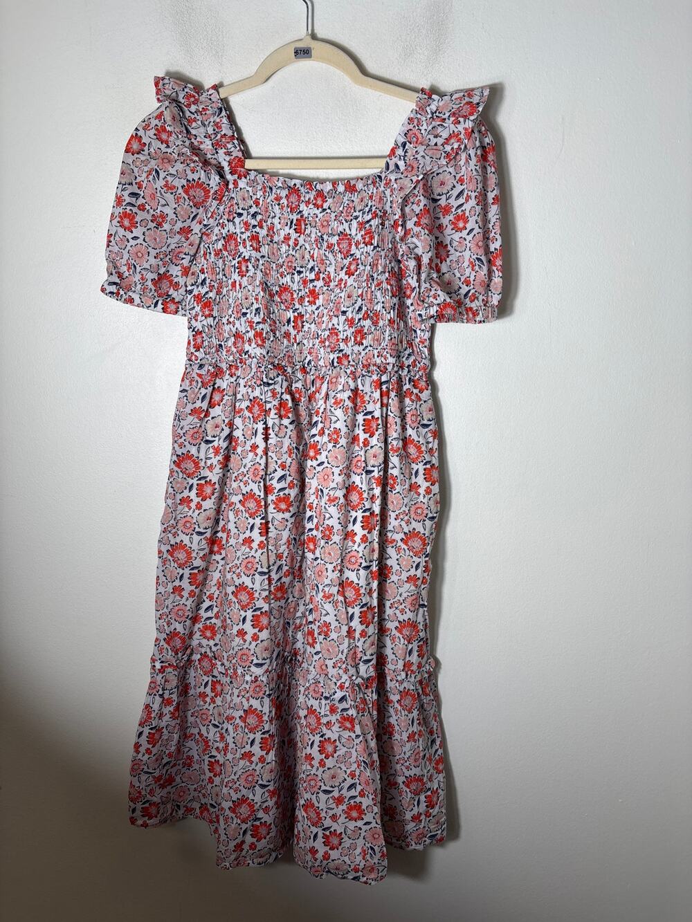 Vineyard Vines Orange Navy Floral Short Sleeve Cotton Smocked Dress Sz L